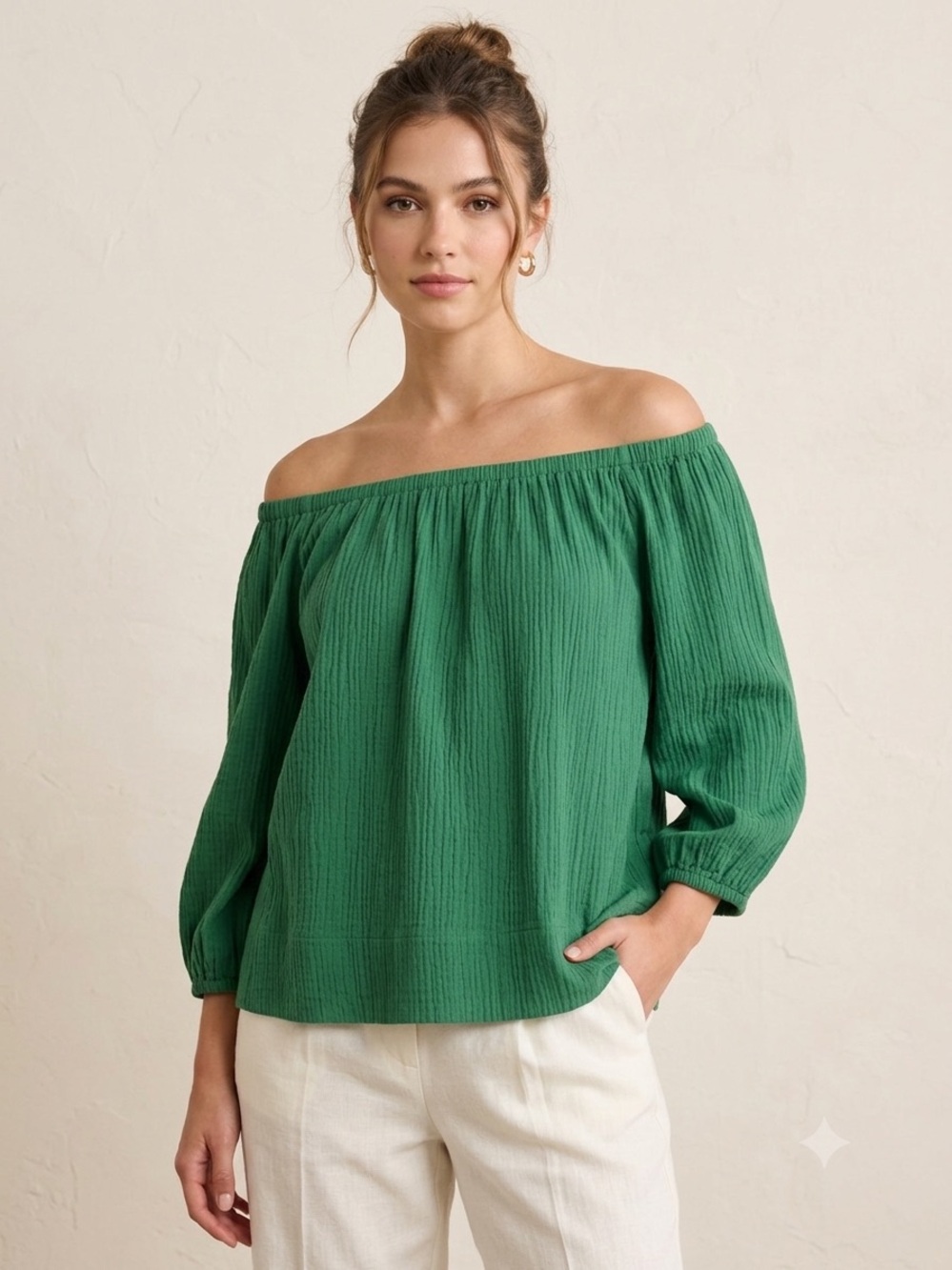 SUZIE KONDI Rhea Green Off-Shoulder Cotton Gauze Peasant Blouse